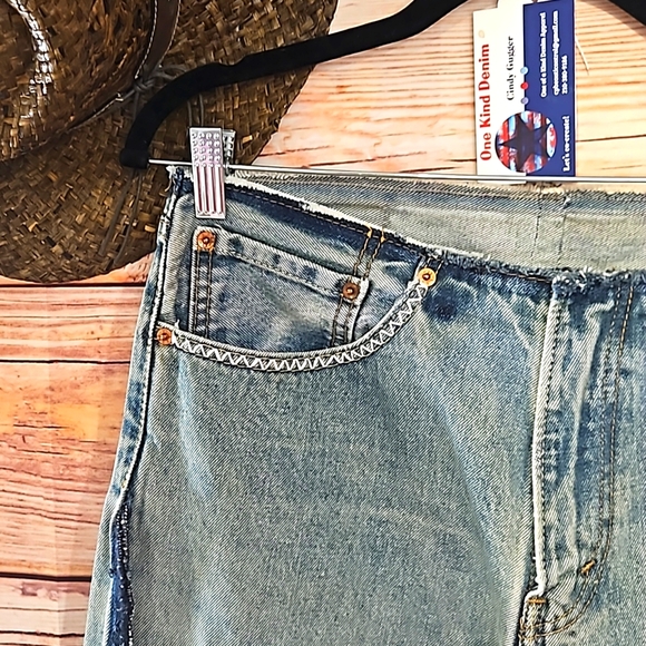 HANDMADE ☆ UPCYCLED "VINTAGE LEVI" EMBELLISHED KINDNESS JEANS! Sz 34w-34inseam - Picture 6 of 13